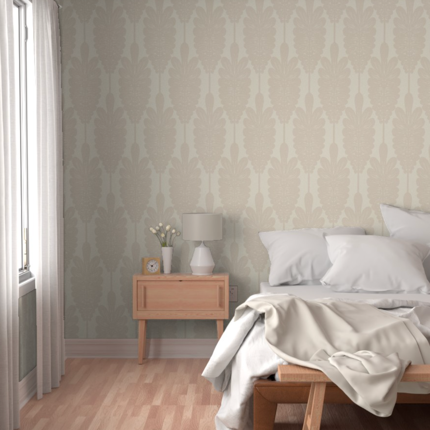 Wallpaper in large Exotic tropical tree long leaf frond with round edges tonal beige