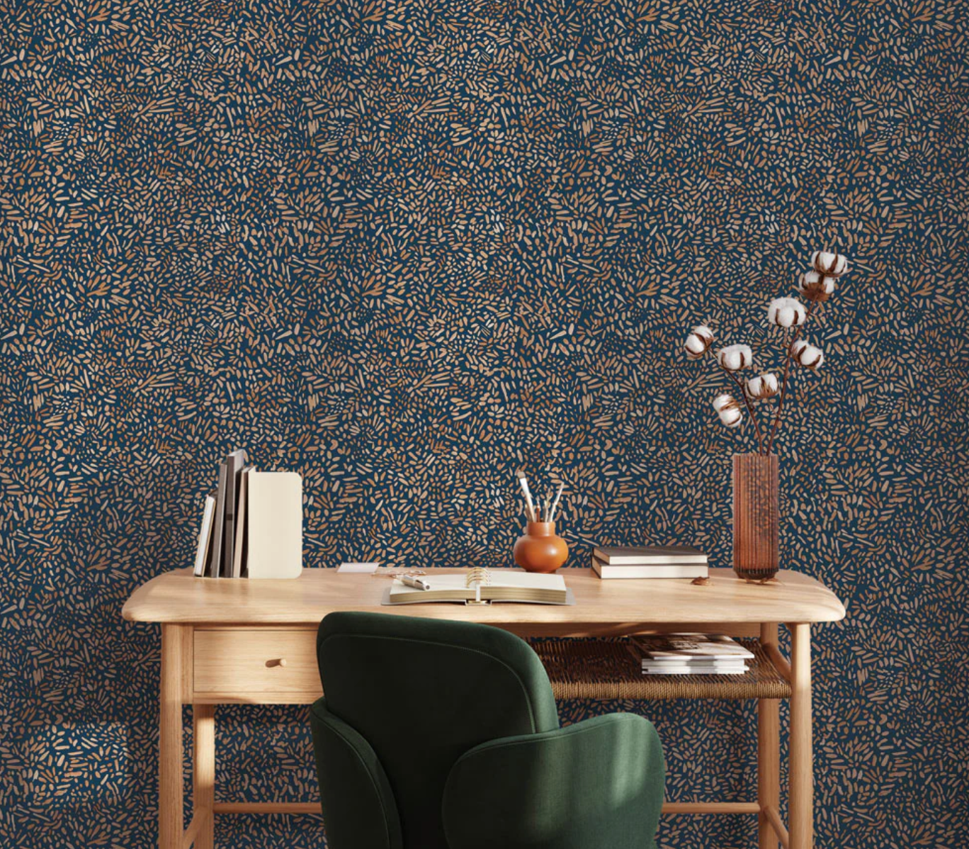 Brushstroke Garden: Toasted Almond & Navy Peel & Stick Tempaper Wallpaper