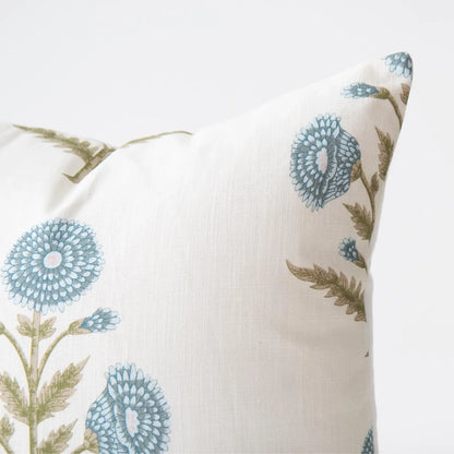 Flora Blue Zinnia Block Print Pillow