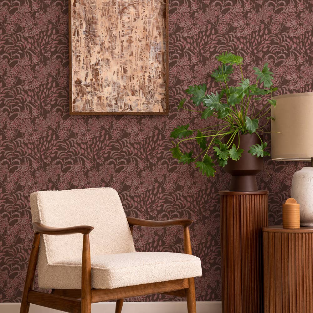 Stencil Foliage Unpasted Wallpaper in Mulberry