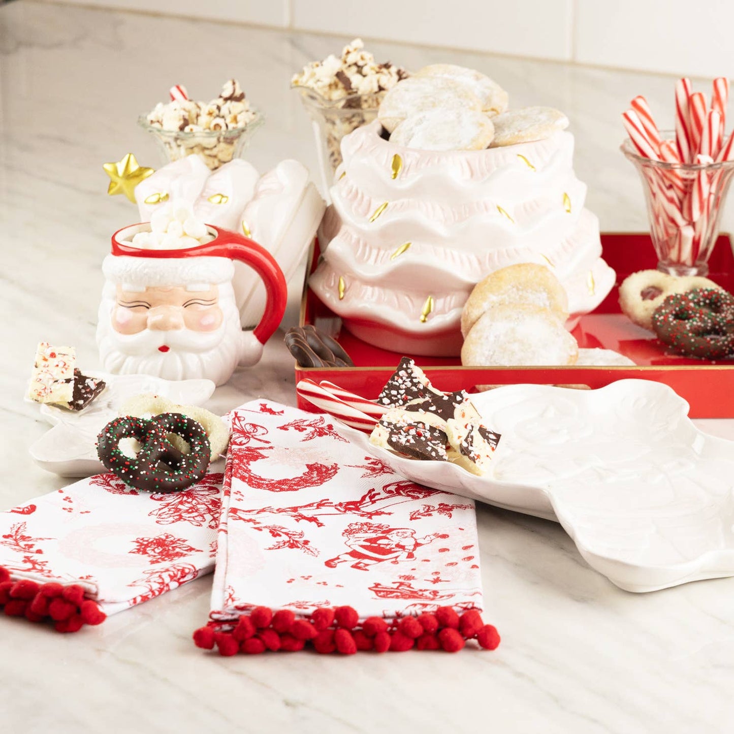 Santa Toile PomPom Kitchen Towel