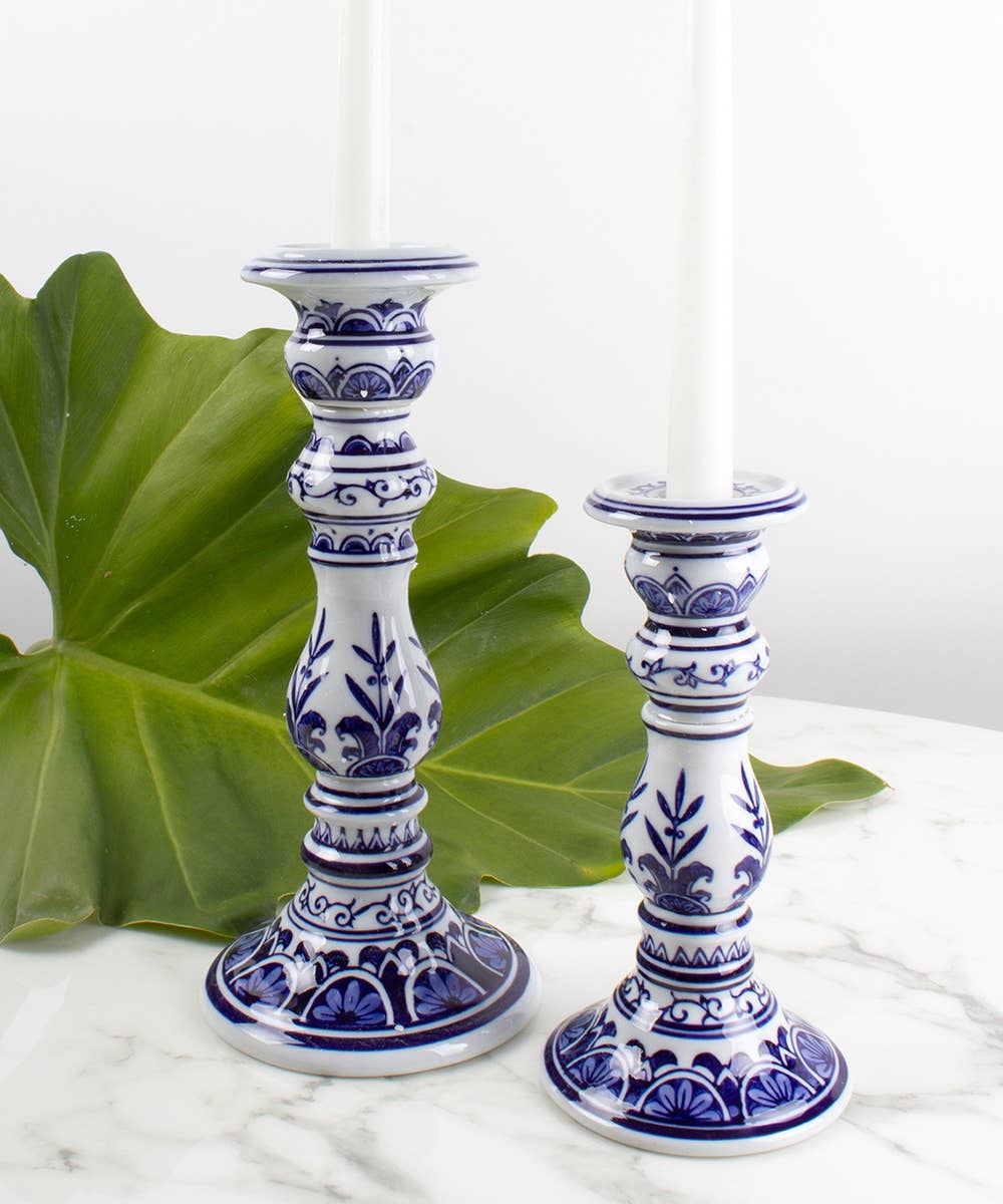 Blue Chinoiserie Candlesticks, Set of 2
