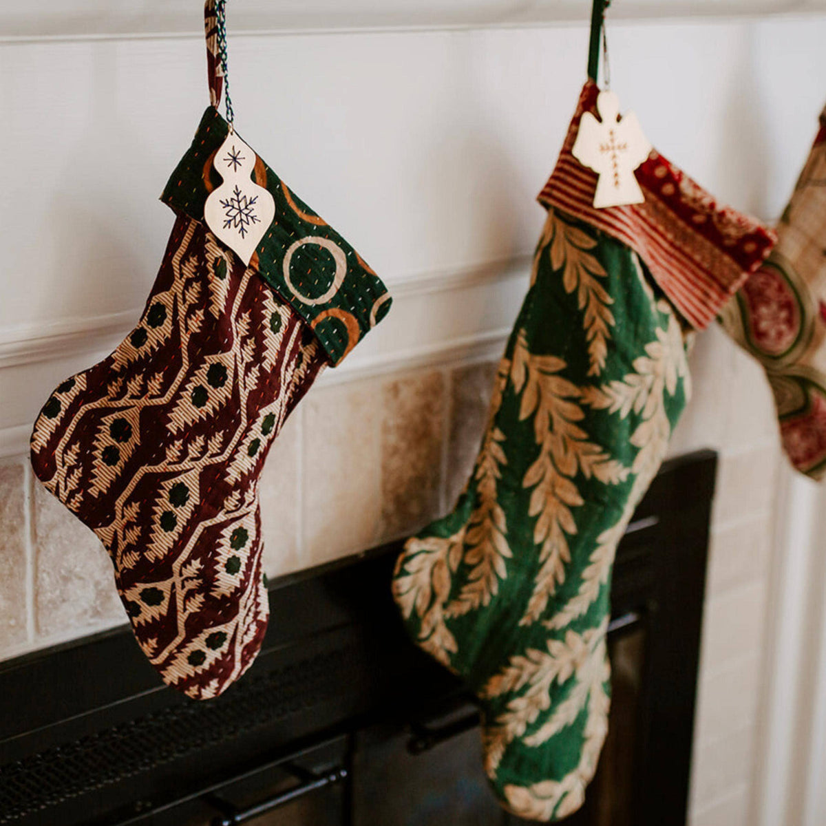 Kantha Handmade Vintage Christmas Stocking, Small