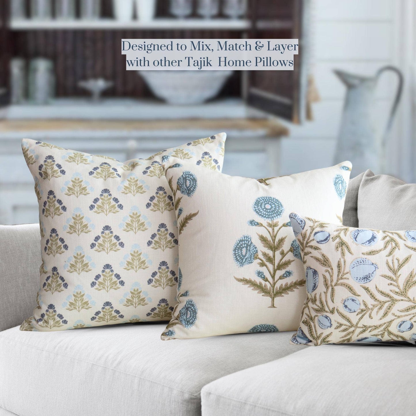 Flora Blue Zinnia Block Print Pillow