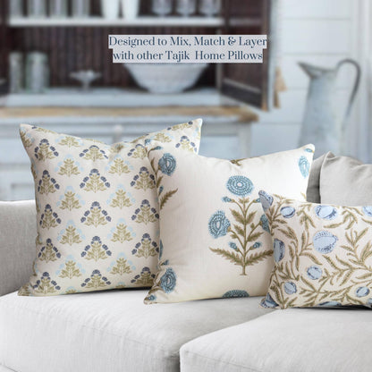 Flora Blue Zinnia Block Print Pillow