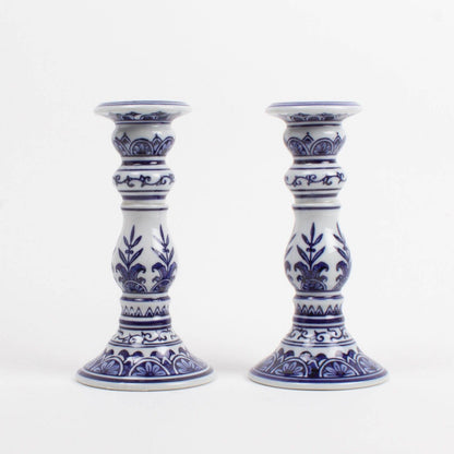 Blue Chinoiserie Candlesticks, Set of 2