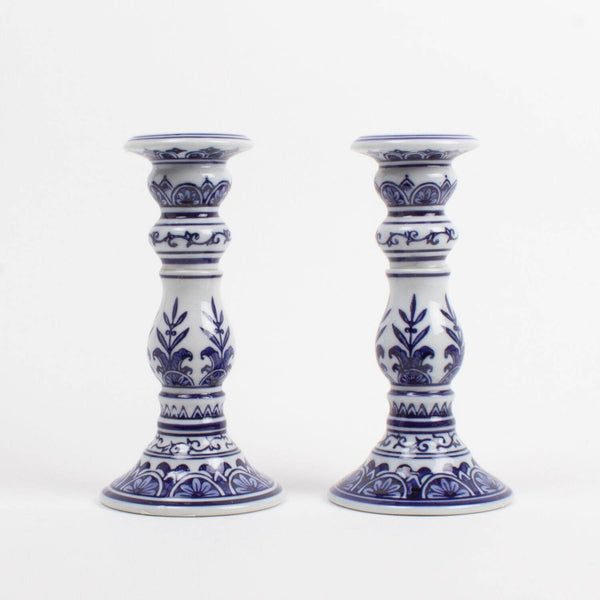 Blue Chinoiserie Candlesticks, Set of 2