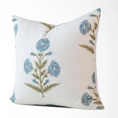 Flora Blue Zinnia Block Print Pillow
