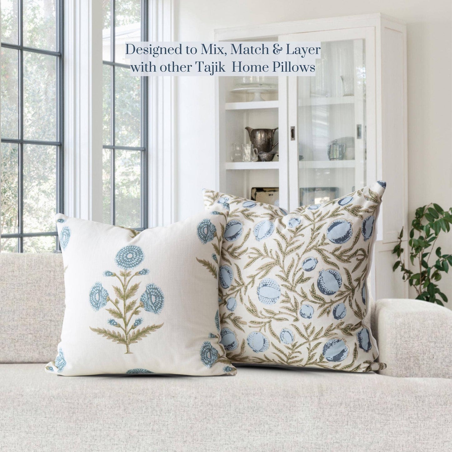 Flora Blue Zinnia Block Print Pillow