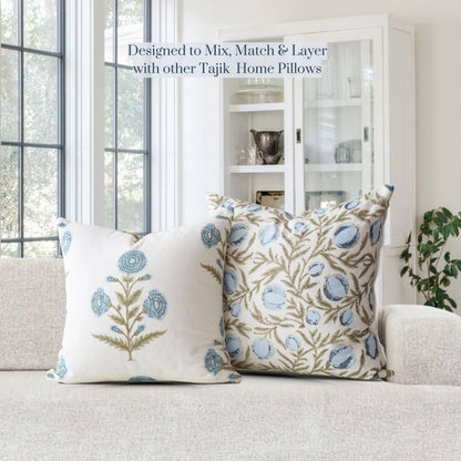 Flora Blue Zinnia Block Print Pillow