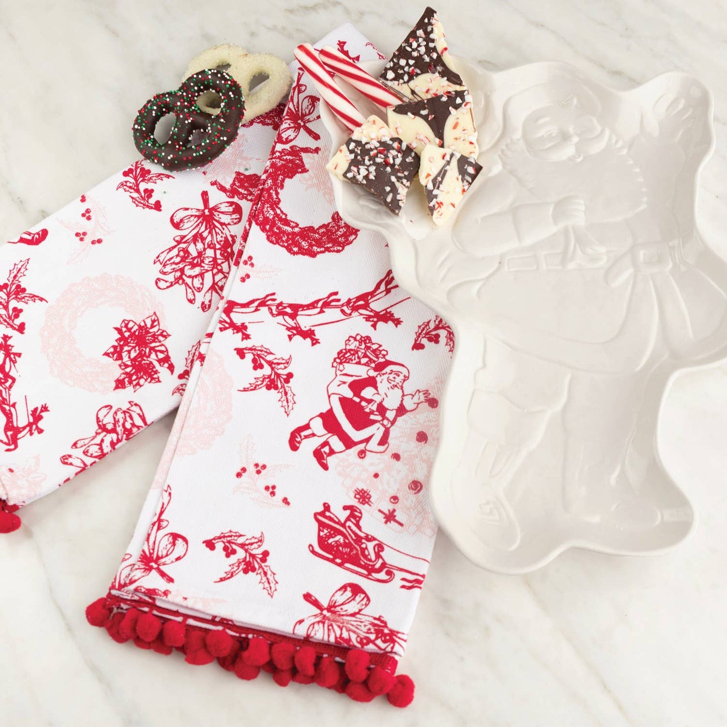 Santa Toile PomPom Kitchen Towel