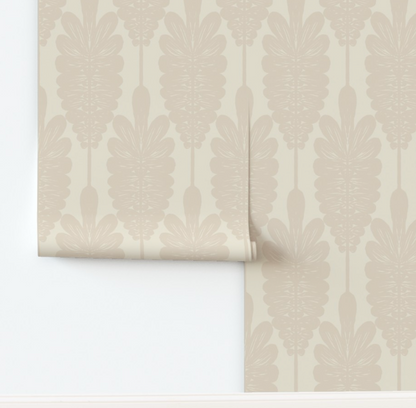 Wallpaper in large Exotic tropical tree long leaf frond with round edges tonal beige