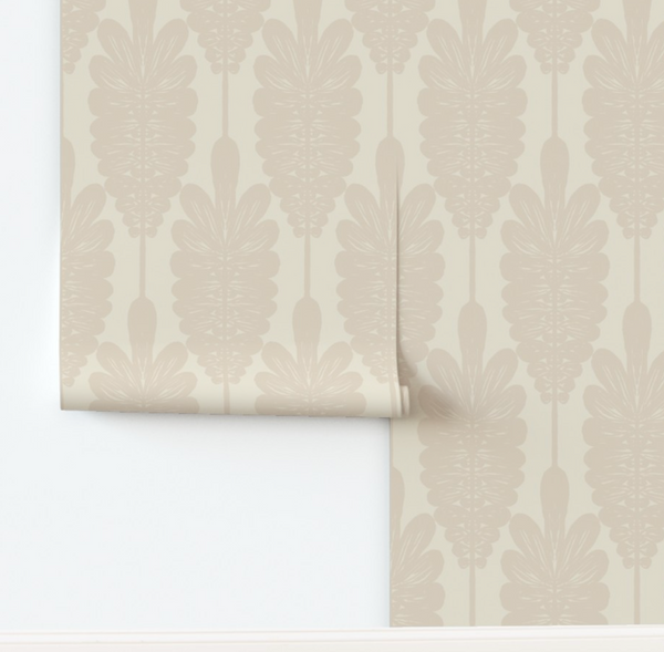 Wallpaper in large Exotic tropical tree long leaf frond with round edges tonal beige