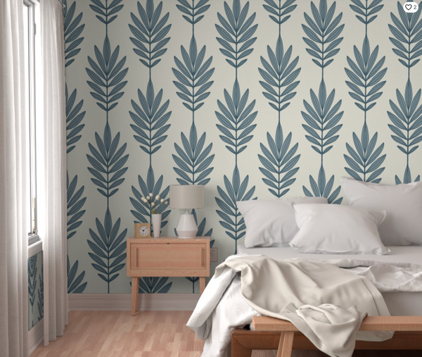 Wallpaper in large Pinnate frond rowan ash tree long leaves line art - blue light beige