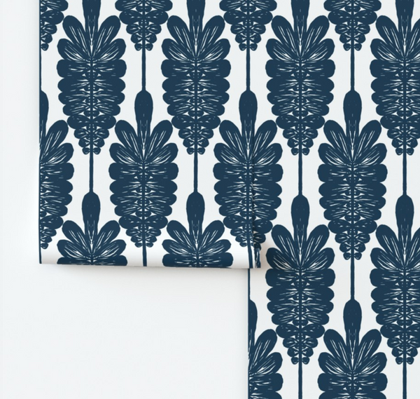 Wallpaper in large Exotic tropical tree long leaf frond with round edges dark blue white