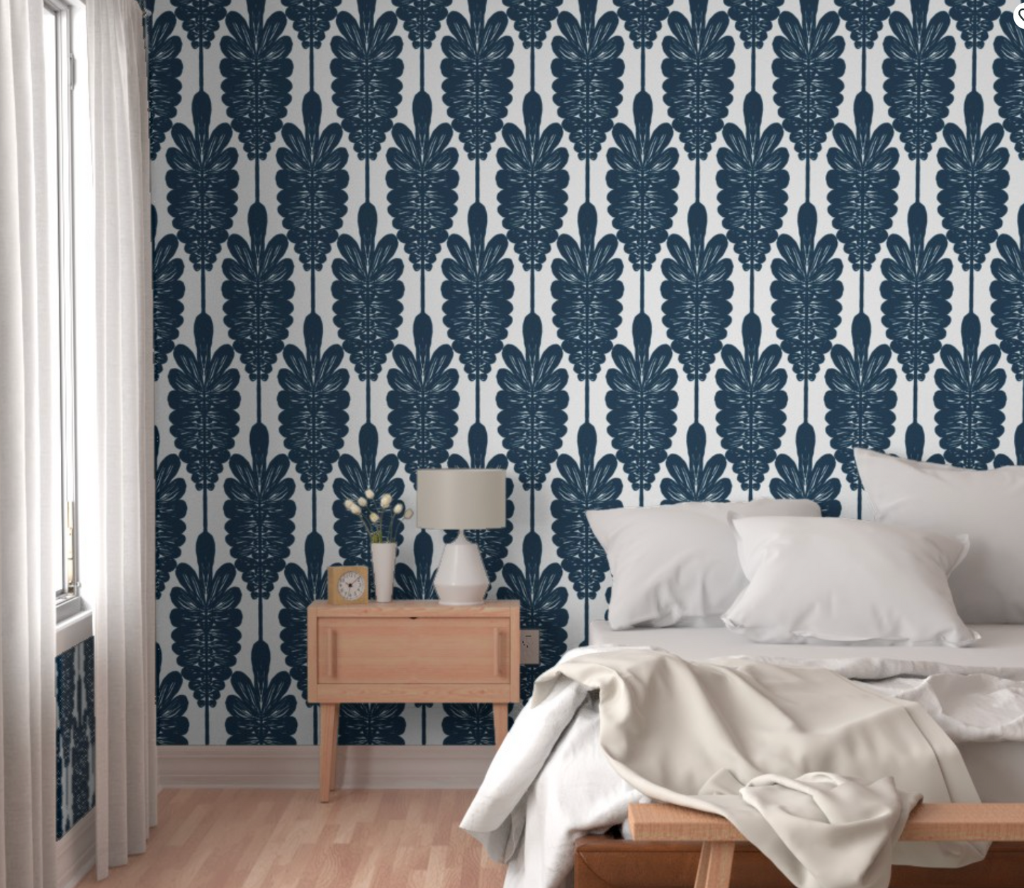Wallpaper in large Exotic tropical tree long leaf frond with round edges dark blue white