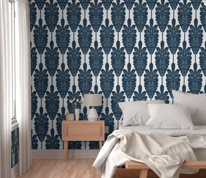 Wallpaper in large Exotic tropical tree long leaf frond with round edges dark blue white