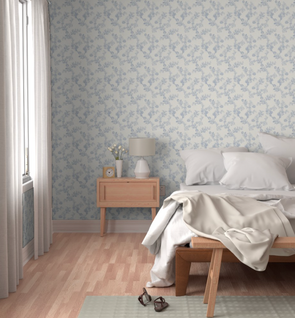 Vintage Toile Floral Blue Wallpaper