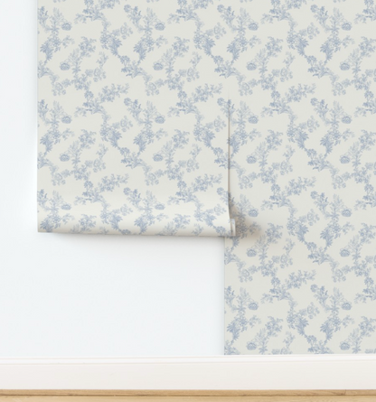 Vintage Toile Floral Blue Wallpaper
