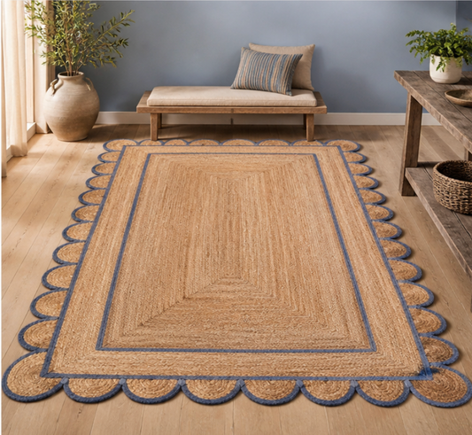 Scallop Jute Rug with Blue Border
