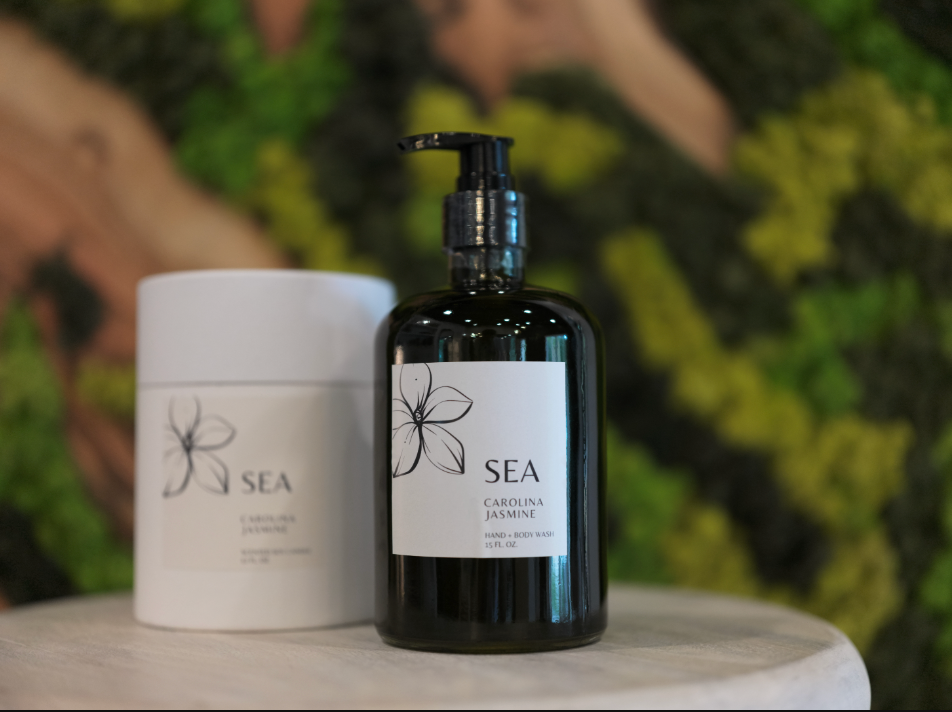 Carolina Jasmine SEA Hand and Body Wash in a bottle with notes of rain, sea salt, and jasmine.