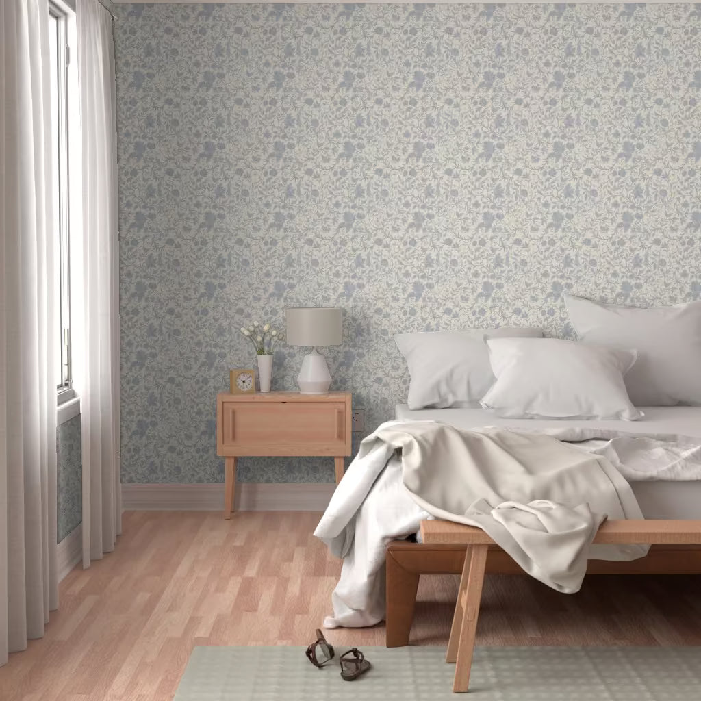 Bedroom with custom wallpaper creating a soft personalized backdrop