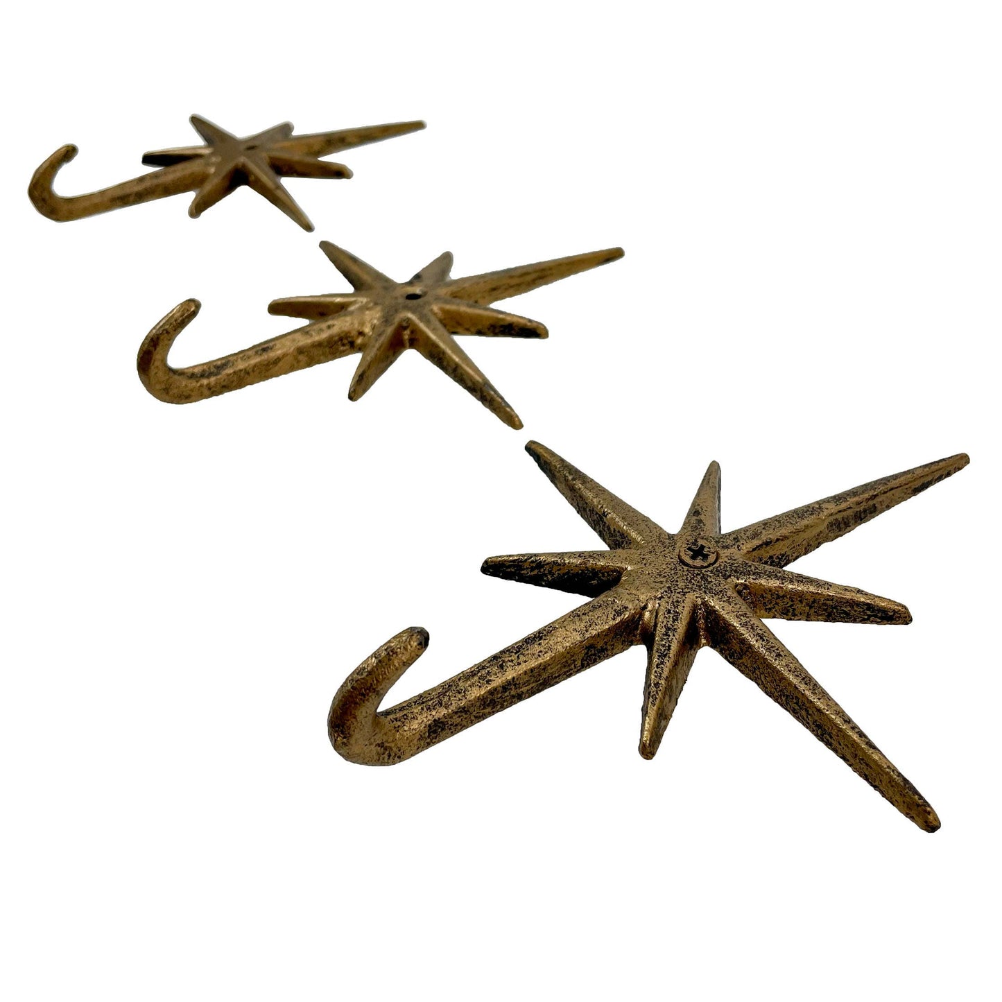 Set of 3 Gold Finish Cast Iron Atomic Starburst Wall Hooks