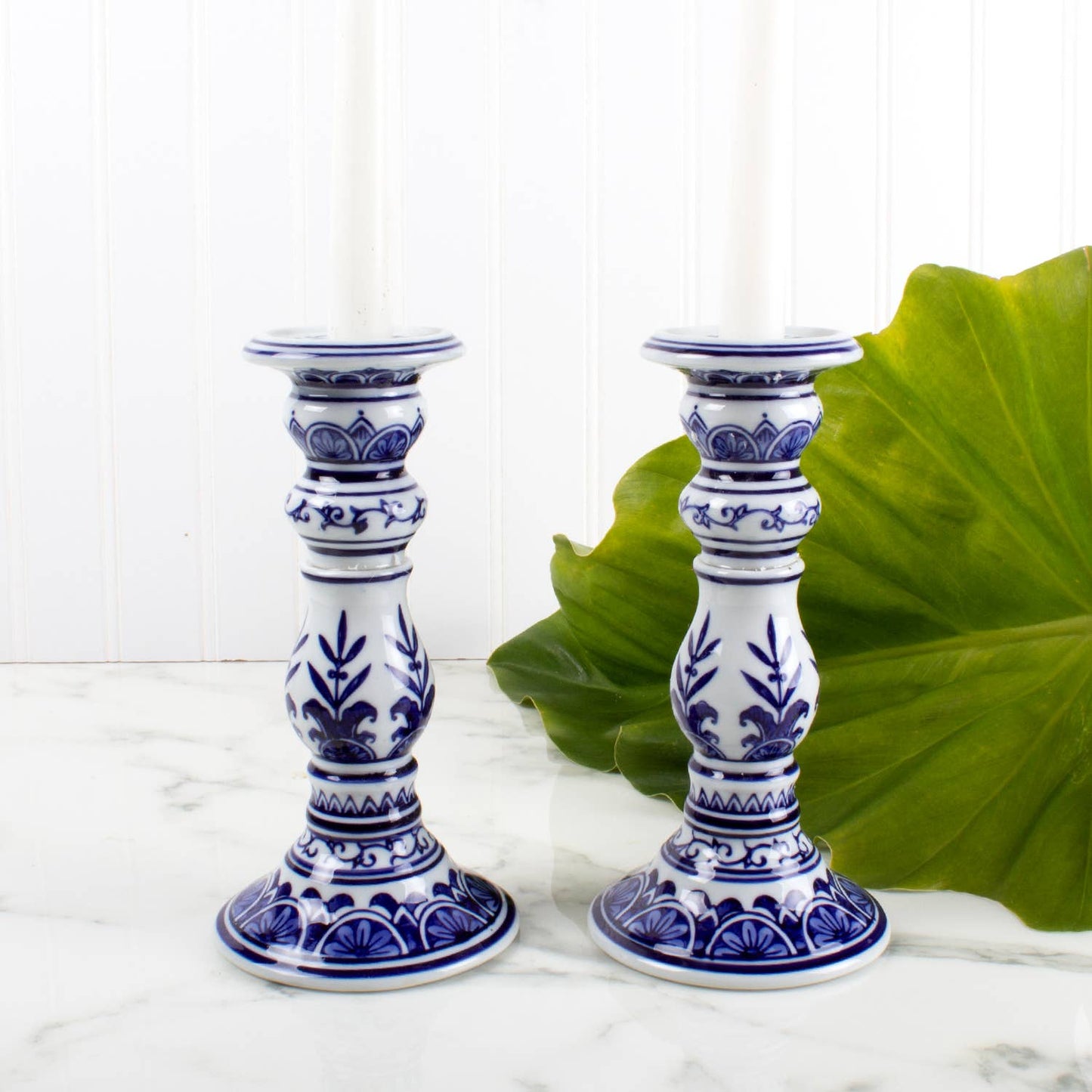 Blue Chinoiserie Candlesticks, Set of 2