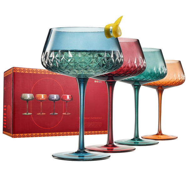 Colored Crystal Coupe Tulip Glasses 10 oz | Set of 4