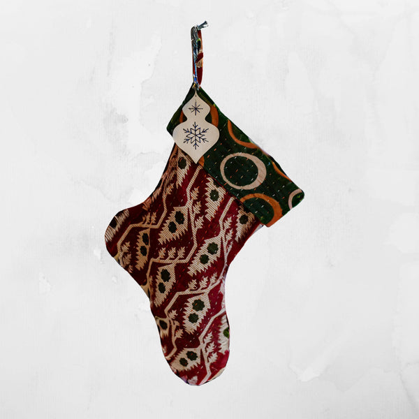 Kantha Handmade Vintage Christmas Stocking, Small
