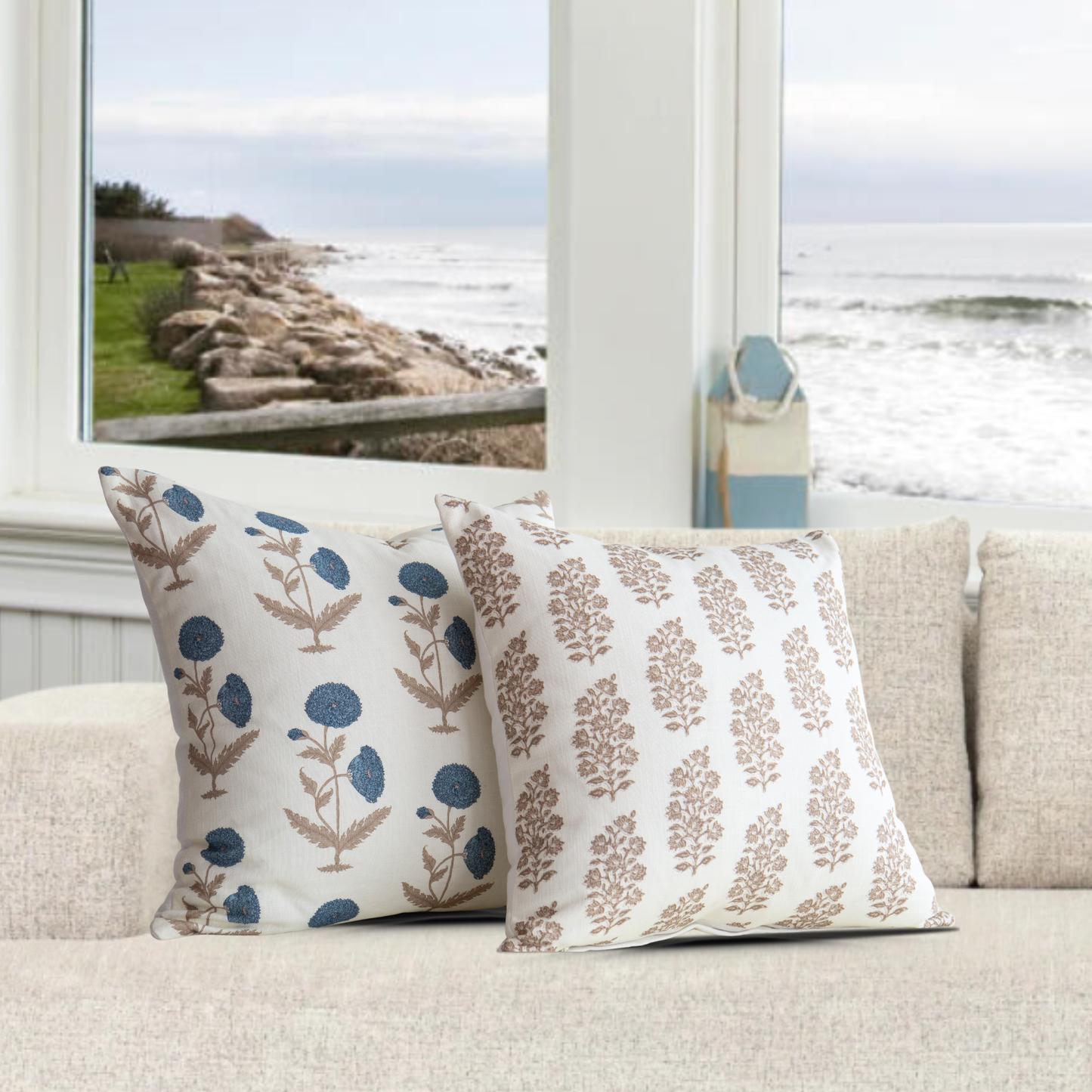 Daisy Blue Floral Block Print Pillow