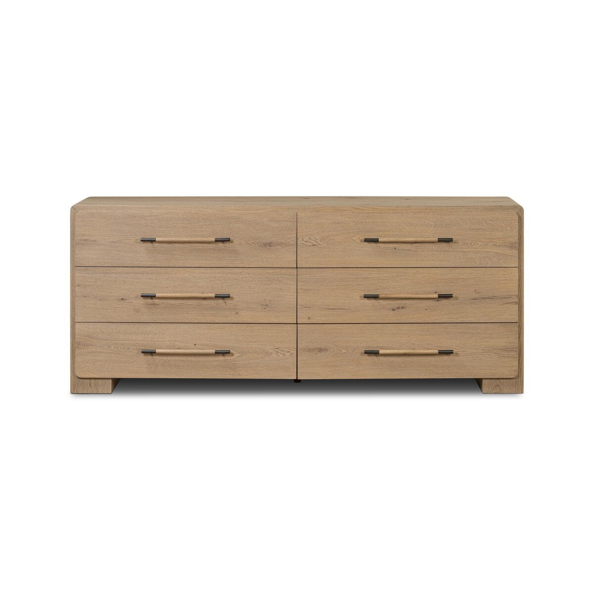 Front view of the Eden six drawer oak dresser
