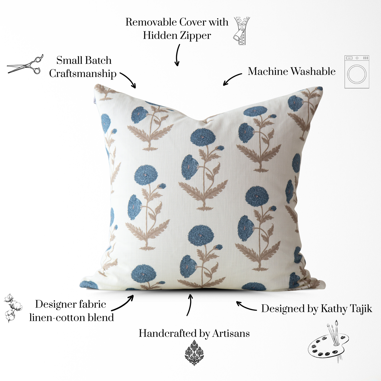 Daisy Blue Floral Block Print Pillow