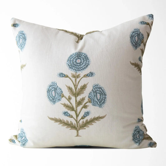 Flora Blue Zinnia Block Print Pillow