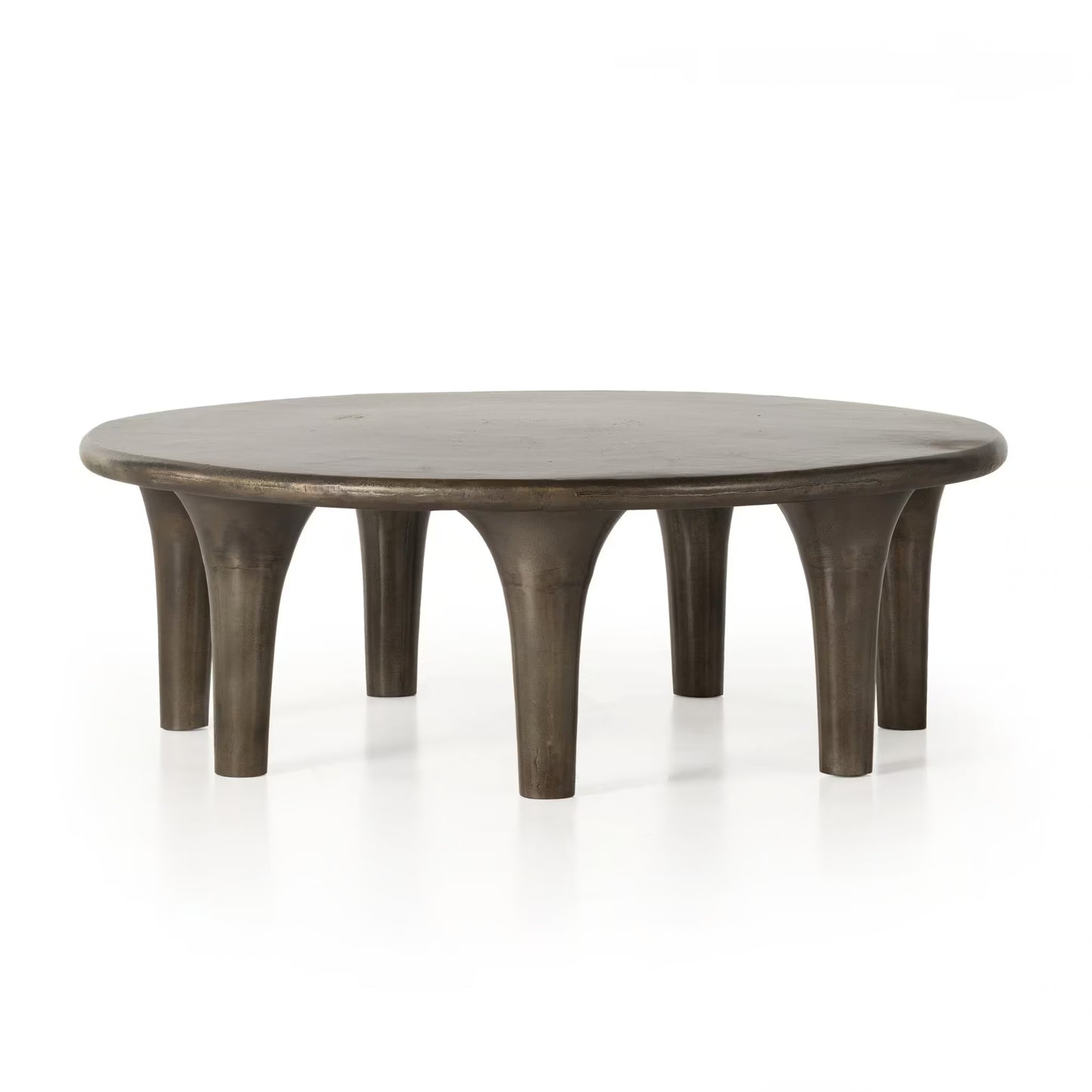 Round wooden coffee table with a rustic finish on a white background