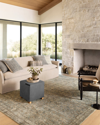 Morgan Sea/Sage area rug styled in a calm, layered room