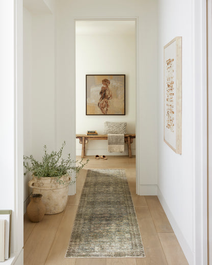 Morgan Sea/Sage area rug styled in a hallway