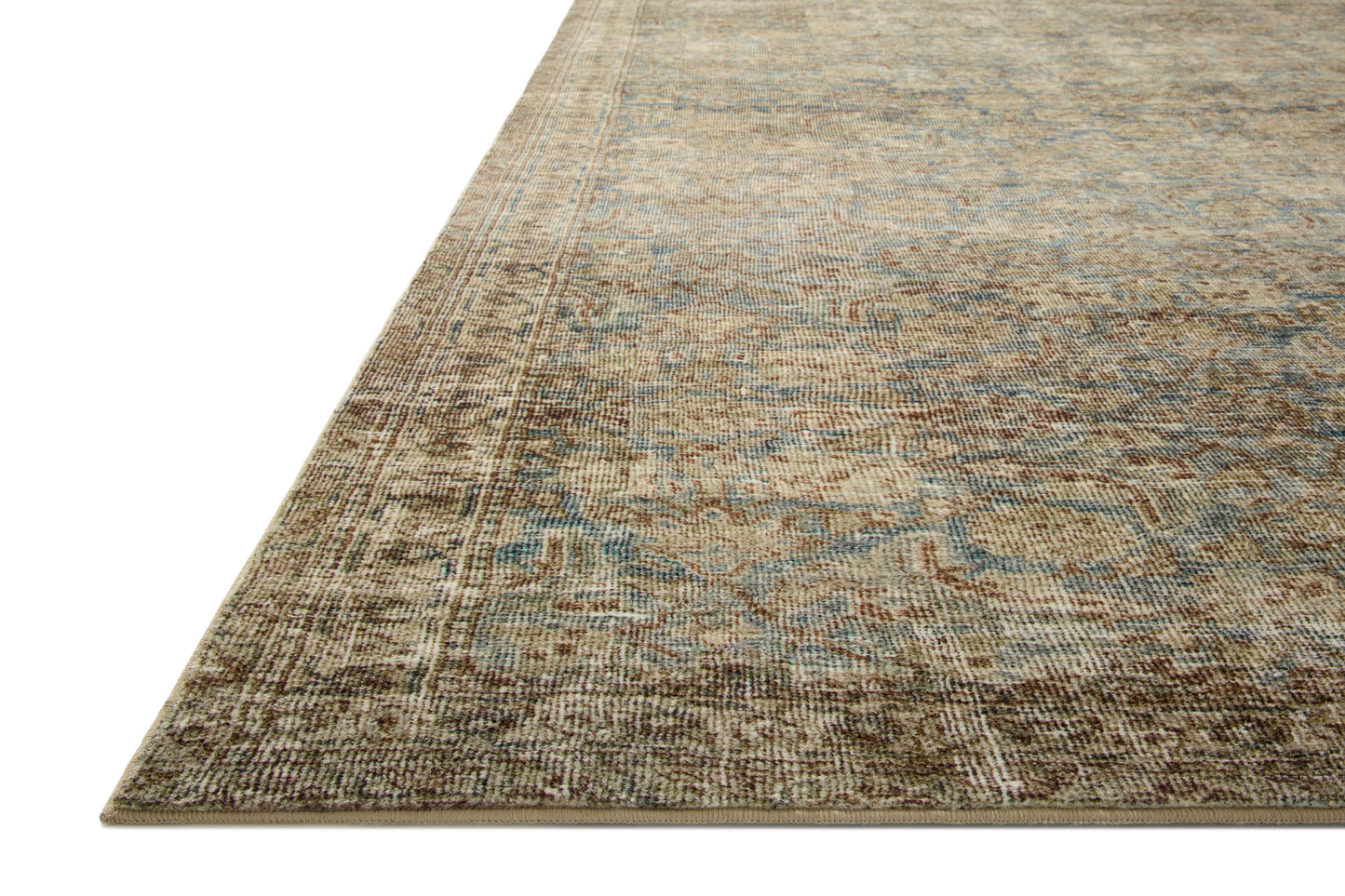 Close-up side view of the Morgan Sea/Sage rug printed texture