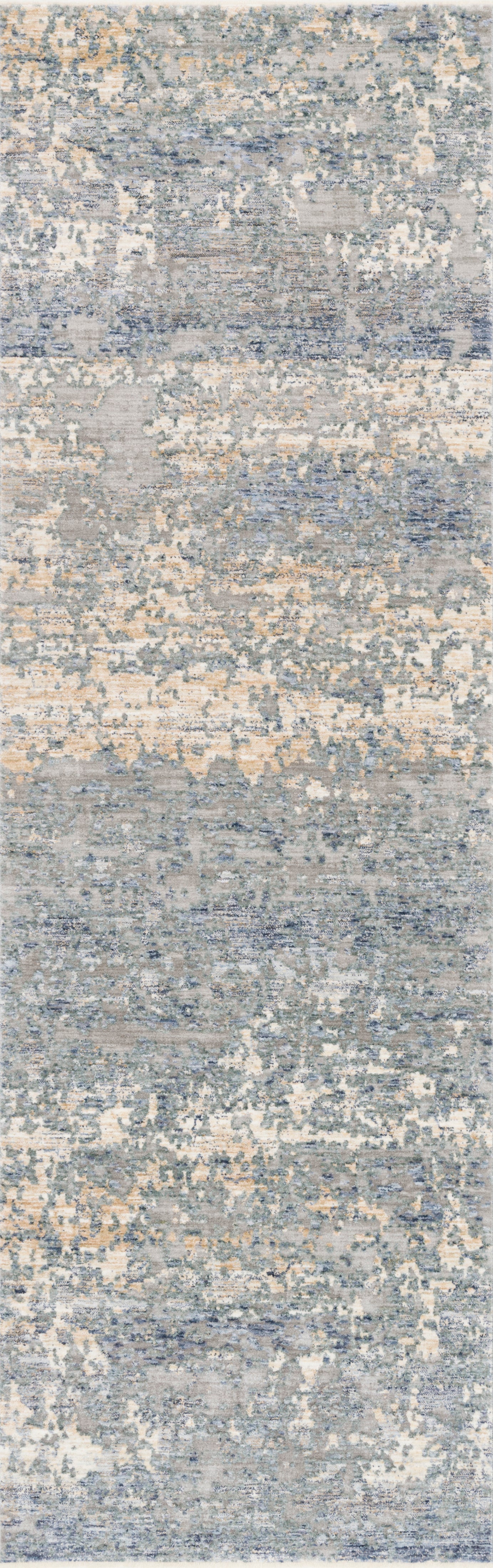 Blue and gold patterned polyester rug with low pile