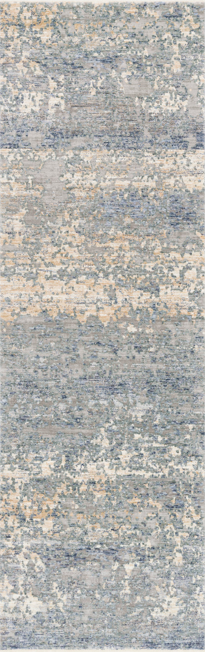 Blue and gold patterned polyester rug with low pile